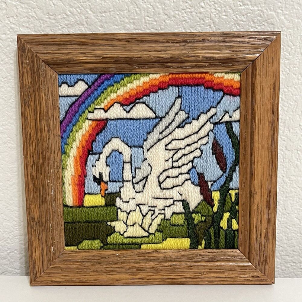 Vintage Stained Glass Swan Rainbow Needlepoint Longstitch Completed Art in Frame